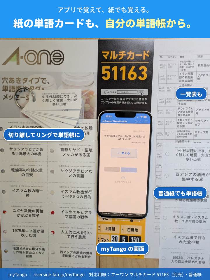 myTango から単語カード用紙と普通紙に印刷した単語帳。切り離してリングに通した単語帳と、一覧表で印刷したもの